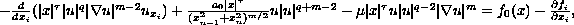 $-{d \over dx_i} (|x|^\tau |u|^q |\nabla u|^{m-2} u_{x_i})+
{a_0|x|^\tau  \over (x_{n-1}^2+x_n^2)^{m/2}} u|u|^{q+m-2} -\mu |x|^\tau u |u| ^{q-2} |\nabla u|^m 
 =f_0(x)-{\partial f_i \over \partial x_i}, $