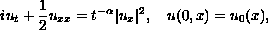 $$
 iu_{t}+\frac{1}{2}u_{xx}=t^{-\alpha}| u_x| ^2,\quad u(0,x) = u_0(x),
$$