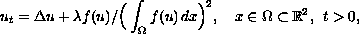 $$ u_t=\Delta u+\lambda f(u)/\Big(\int_{\Omega}f(u)\,dx\Big)^2 ,\quad
      x \in \Omega \subset \mathbb{R}^2 ,\,\;t>0,
   $$