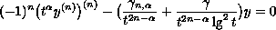 $$
 (-1)^n\big(t^\alpha y^{(n)}\big)^{(n)}
 -\big(\frac{\gamma_{n,\alpha}}{t^{2n-\alpha}}
 + \frac{\gamma}{t^{2n-\alpha}\lg^2 t}\big)y = 0
 $$