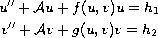 $$\displaylines{
 u''+\mathcal{A}u +f(u,v)u = h_1 \cr
 v''+\mathcal{A}v +g(u,v)v = h_2
 }$$