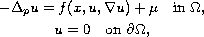 $$\displaylines{
 -\Delta _{p}u  =  f(x,u,\nabla u)+\mu  \quad \hbox{in } \Omega ,\cr
 u  =  0 \quad \hbox{on }\partial \Omega ,
 }$$