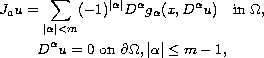 $$\displaylines{
  J_{a}u=\sum_{| \alpha | <m}(-1)^{| \alpha
 | }D^{\alpha  }g_{\alpha  }(x,D^{\alpha  }u)
 \quad\hbox{in }\Omega , \cr
 D^{\alpha  }u=0\hbox{  on }\partial \Omega , | \alpha | \leq m-1,
 }$$