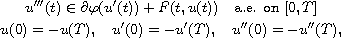 $$\displaylines{
 u'''(t)\in \partial\varphi(u'(t))+F(t,u(t))\quad \hbox{a.e. on }[0,T]\cr
 u(0)=-u(T), \quad u'(0)=-u'(T),\quad u''(0)=-u''(T),
 }$$