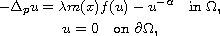 $$\displaylines{
 -\Delta_{p}u =  \lambda m(x)f(u)-u^{-\alpha} \quad \hbox{in }\Omega,\cr
 u =  0  \quad \hbox{on }\partial \Omega,
 }$$