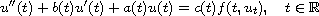 $$
 u''(t)+b(t)u'(t)+a(t)u(t)=c(t)f(t,u_t),\quad t\in \mathbb{R}
 $$