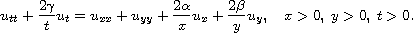 $$
 {u}_{tt}+\frac{2\gamma }{t}{{u}_{t}}={u}_{xx}+{u}_{yy}
 +\frac{2\alpha }{x}{{u}_{x}}+\frac{2\beta }{y}{{u}_y},\quad 
 x>0,\;y>0,\;t>0.
 $$