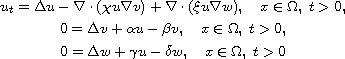 $$\displaylines{
 u_t=\Delta u-\nabla\cdot(\chi u\nabla v)+\nabla\cdot(\xi u\nabla w),\quad
 x\in \Omega,\; t>0,\cr
 0=\Delta v+\alpha u-\beta v,\quad x\in\Omega,\; t>0,\cr
 0=\Delta w+\gamma u-\delta w,\quad x\in\Omega,\; t>0
 }$$