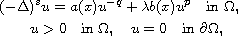 $$\displaylines{
 (-\Delta)^s u =  a(x) u^{-q}+ \lambda b(x) u^p\quad \text{in }\Omega, \cr
 \quad u>0\quad \text{in }\Omega, \quad u = 0 \quad \text{in } \partial\Omega,
 }$$