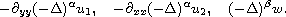 $$
 -\partial_{yy}(-\Delta)^\alpha u_1,\quad 
 -\partial_{xx}(-\Delta)^\alpha u_2,\quad
 (-\Delta)^\beta w.
 $$