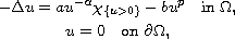 $$\displaylines{
 -\Delta u=au^{-\alpha}\chi_{\{ u>0\} }-bu^p\quad\text{in }\Omega, \cr
 u=0\quad\text{on }\partial\Omega,
 }$$