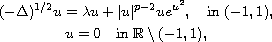 $$\displaylines{
 (-\Delta)^{1/2} u = \lambda u+|u|^{p-2}ue^{u^2} ,\quad\text{in } (-1,1),\cr
 u=0\quad\text{in } \mathbb{R}\setminus(-1,1),
 }$$