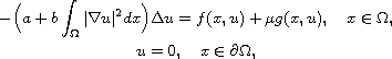 $$\displaylines{
 -\Big(a+b\int_{\Omega }|\nabla u|^2dx\Big)\Delta u
 =f(x,u)+\mu g(x,u),\quad x\in \Omega , \cr
 u=0,\quad x\in\partial\Omega,
 }$$