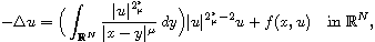 $$
 -\Delta u  =\Big(\int_{\mathbb{R}^{N}} \frac{|u|^{2^{*}_{\mu}}}{|x-y|^{\mu}}
 \,dy\Big) |u|^{2^{*}_{\mu}-2}u + f(x,u) \quad\text{in }\mathbb{R}^{N},
 $$