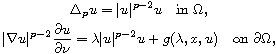 $$\displaylines{
 \Delta_{p}u =|u|^{p-2}u \quad\text{in }\Omega, \cr
 |\nabla u|^{p-2}\frac{\partial u}{\partial \nu}=\lambda|u|^{p-2}u
 + g(\lambda,x,u) \quad\text{on }\partial\Omega,
 }$$