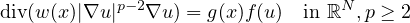 $$
 \hbox{div}\big(w(x)|\nabla u|^{p-2}\nabla u\big)
 =g(x)f(u)\quad \text{in }\mathbb{R}^N,\;p\geq 2
 $$