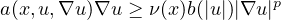 $a(x,u,\nabla u)\nabla u\geq \nu(x)b(|u|)|\nabla u|^p$