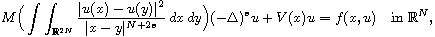 $$ M\Big(\int\int_{\mathbb{R}^{2N}} \frac{|u(x)-u(y)|^2}{|x-y|^{N+2s}}\,dx\,dy\Big)
 (-\Delta)^{s}u+V(x)u=f(x,u) \quad \text{in } \mathbb{R}^{N},
 $$