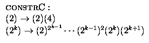 $\begin{array}{l}
\textsc{constr}\textrm{C}:\\
(2) \rightarrow (2)(4)\\
(2^k) \rightarrow (2)^{2^{k-1}}\cdots(2^{k-1})^2 (2^k)(2^{k+1})
\end{array}$