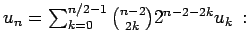 $ u_{n} =
\sum_{k=0}^{n/2-1}\binom{n-2}{2k}2^{n-2-2k}u_{k}\,:$