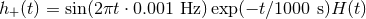 h+ (t) = sin(2πt ⋅ 0.001 Hz)exp (− t∕1000 s)H (t)