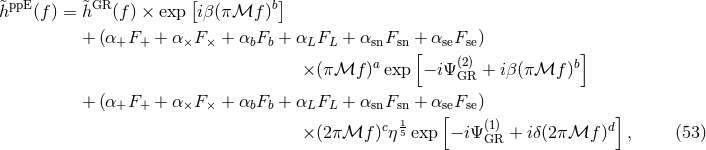 &tidle;ppE &tidle; GR [ b] h (f) = h (f) × exp iβ (πℳf ) + (α+F+ + α×F × + αbFb + αLFL + αsnFsn + αseFse) [ (2) ] × (π ℳf )aexp − iΨ GR + iβ (πℳf )b + (α+F+ + α×F × + αbFb + αLFL + αsnFsn + αs[eFse) ] × (2 πℳf )cη15 exp − iΨ (1) + iδ(2πℳf )d , (53 ) GR