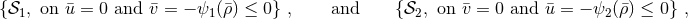 {𝒮1, on ¯u = 0 and ¯v = − ψ1 (ρ¯) ≤ 0} , and {𝒮2, on ¯v = 0 and ¯u = − ψ2(¯ρ) ≤ 0} ,