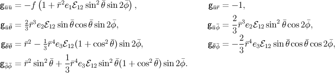 g = − f (1 + r¯2e ℰ sin2 ¯θsin2φ¯), g = − 1, ¯u¯u 1 12 ¯u¯r 2 3 ¯ ¯ ¯ 2- 3 2 ¯ ¯ g¯u¯θ = 3¯r e2ℰ12sin θcosθ sin 2φ, g¯u¯φ = 3 ¯r e2ℰ12 sin θcos 2φ, 2 1 4 2 ¯ ¯ 2-4 ¯ ¯ ¯ g¯θ¯θ = ¯r − 3¯r e3ℰ12(1 + cos θ)sin2φ, g¯θ¯φ = − 3¯r e3ℰ12 sin θcos θcos2 φ, 2 2 1 4 2 2 g¯φ¯φ = ¯r sin θ¯+ --¯r e3ℰ12sin ¯θ(1 + cos ¯θ) sin 2¯φ. 3