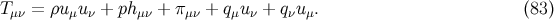 Tμν = ρu μuν + phμν + πμν + qμuν + qνuμ. (83 )