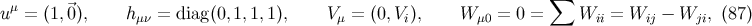 ∑ u μ = (1,⃗0), hμν = diag(0,1, 1,1), Vμ = (0, Vi), W μ0 = 0 = Wii = Wij − Wji, (87 )
