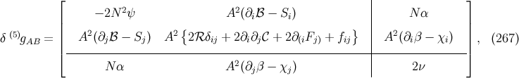 ⌊ | ⌋ − 2N 2ψ A2 (∂iℬ − Si) | N α || { } | || δ (5)gAB = | A2 (∂jℬ − Sj) A2 2ℛ δij + 2∂i∂j𝒞 + 2∂(iFj ) + fij | A2 (∂iβ − χi) | , (267 ) |⌈ ------------------------------------------------------|----------------|⌉ N α A2 (∂ β − χ ) | 2ν j j
